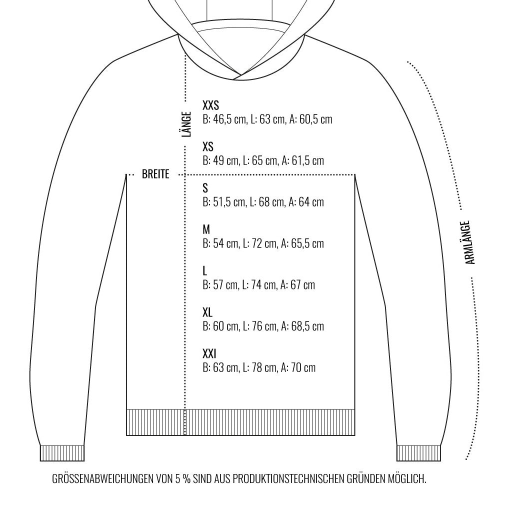 Diagramm eines Hoodies mit Größenangaben von XXS bis XXL, einschließlich Breite, Länge und Ärmellänge.
