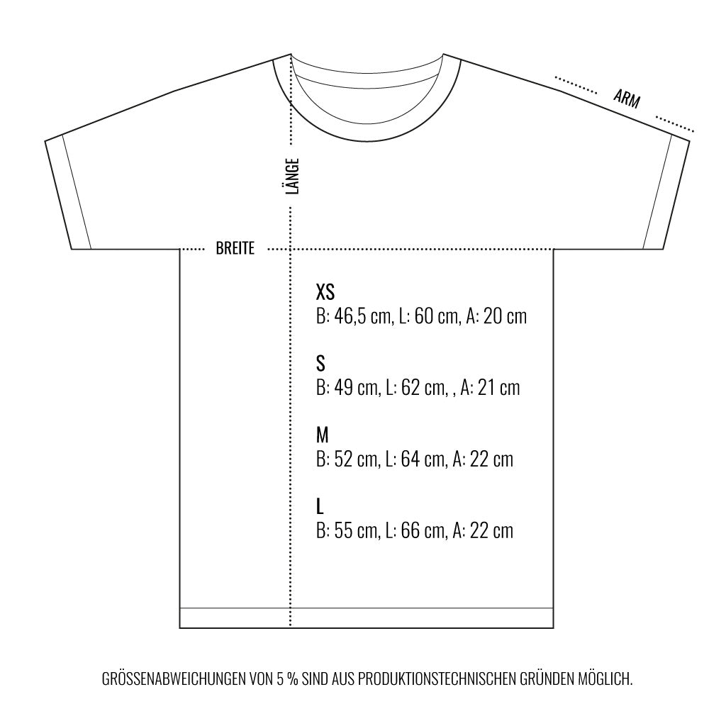 Illustration eines T-Shirts mit Größenangaben XS bis L, einschließlich Breite, Länge und Armlänge in Zentimetern.