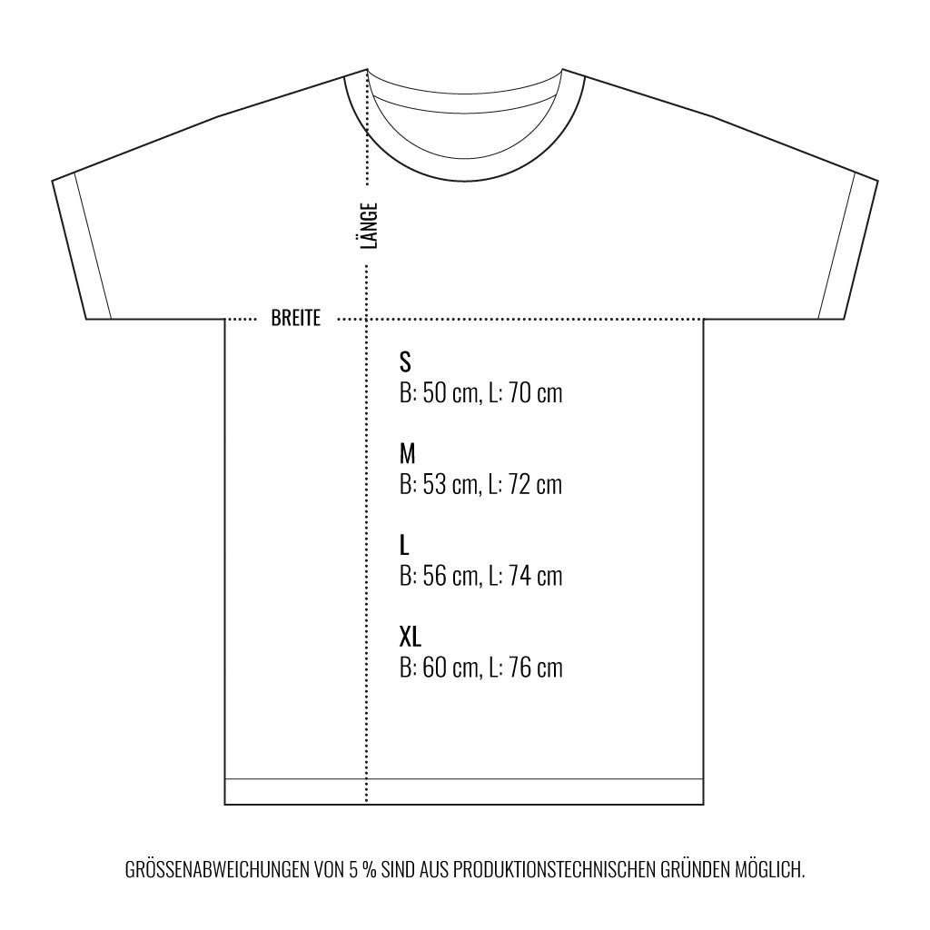 Diagramm eines T-Shirts mit Größenangaben: S bis XL, Breite und Länge in cm. Hinweise auf Maßabweichungen.
