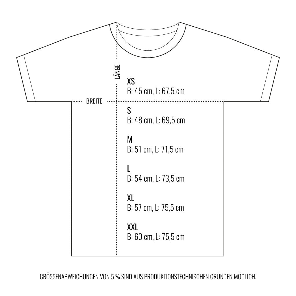 Diagramm eines T-Shirts mit Größenangaben für XS bis XXL; zeigt Breite und Länge in Zentimetern.