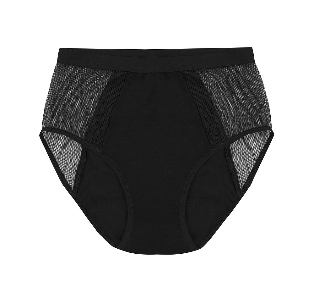 Schwarzer Damen-Slip mit seitlichen Netz-Einsätzen, hochgeschnitten und elastisch, auf weißem Hintergrund.