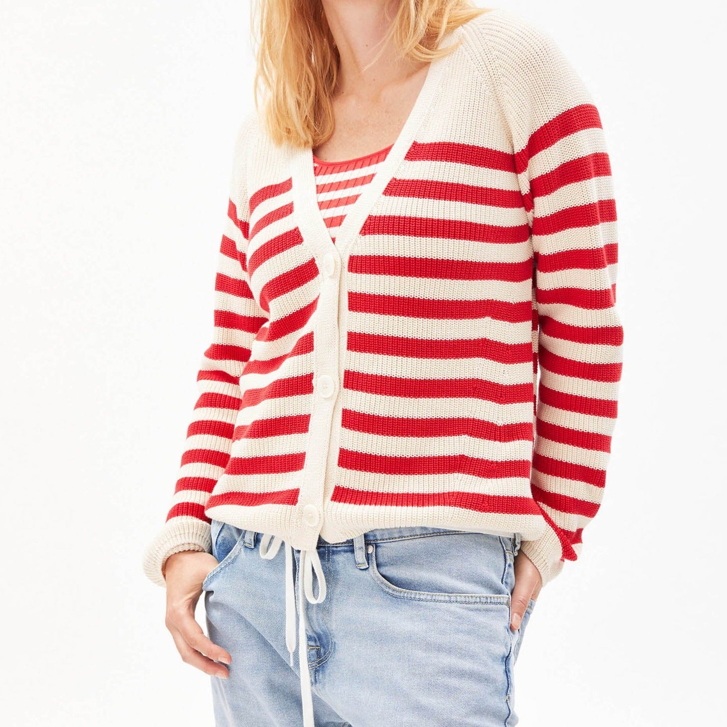 ARMEDANGELS Cardigan "ADRINAA STRIPED" - undyed-dark poppy