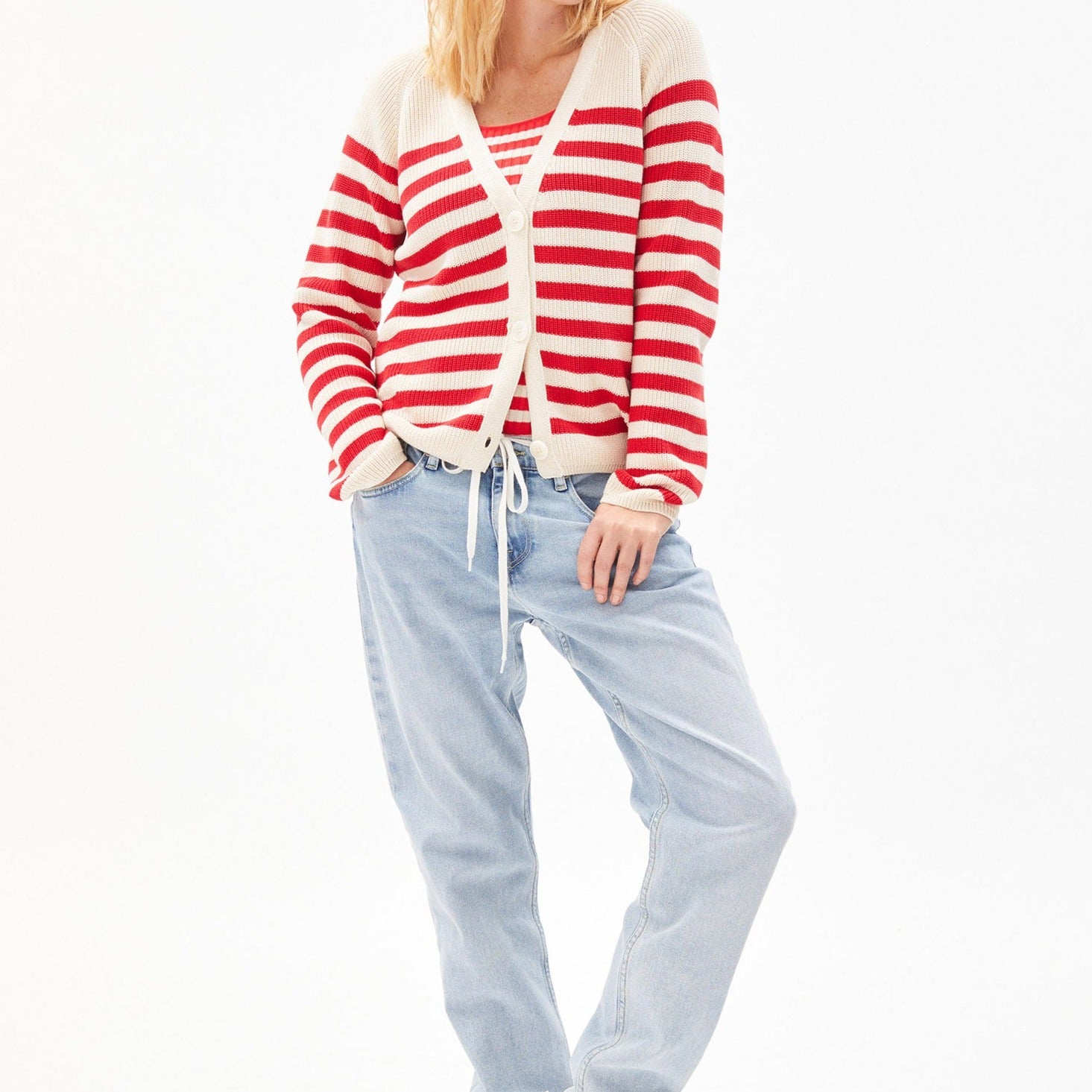 ARMEDANGELS Cardigan "ADRINAA STRIPED" - undyed-dark poppy