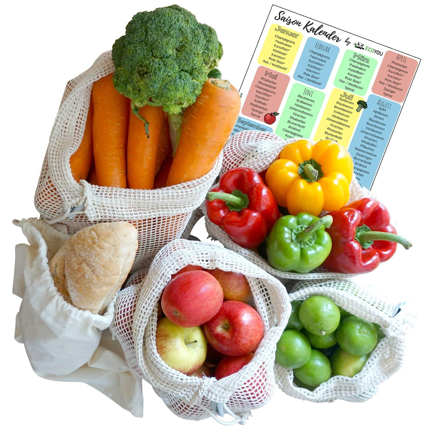 EcoYou 5er-Set Obst- und Gemüsenetze + Brotbeutel