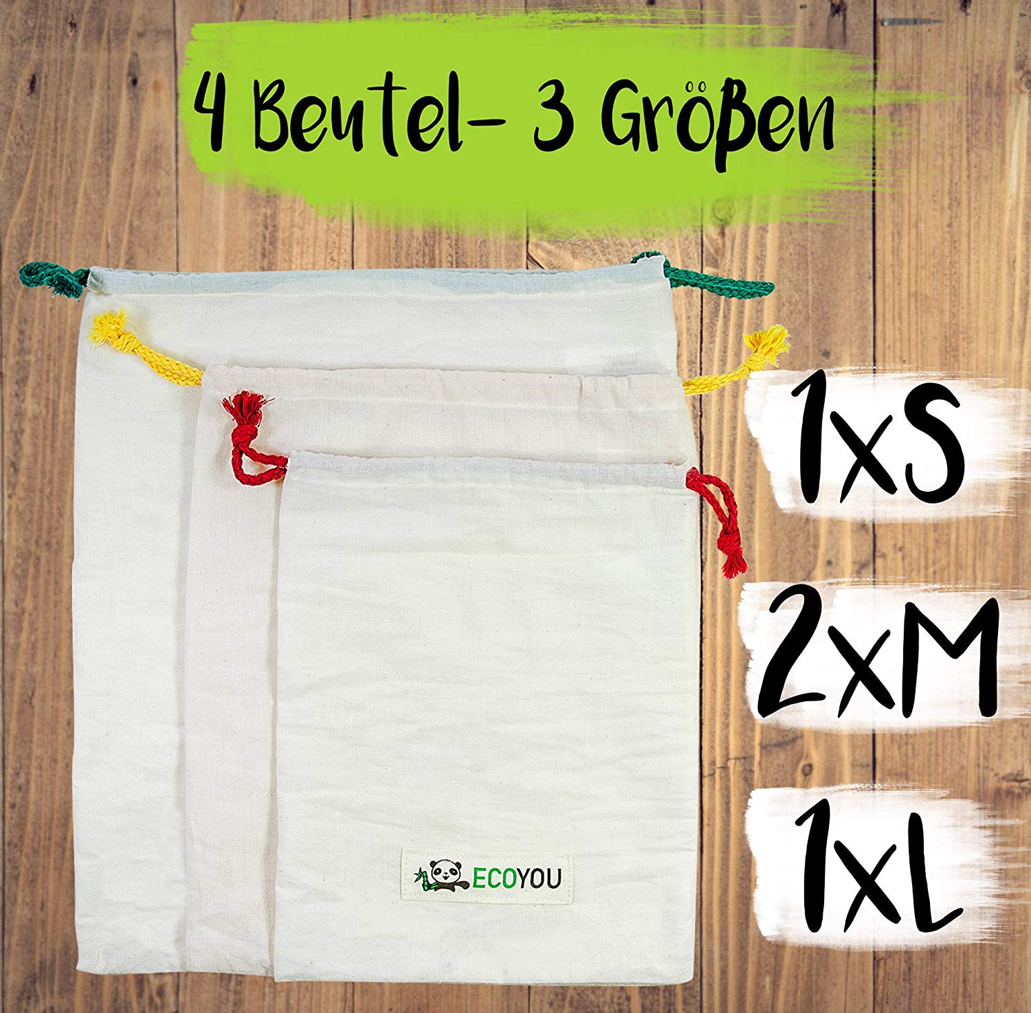 EcoYou 4er-Set Obst- und Gemüsebeutel aus Baumwolle