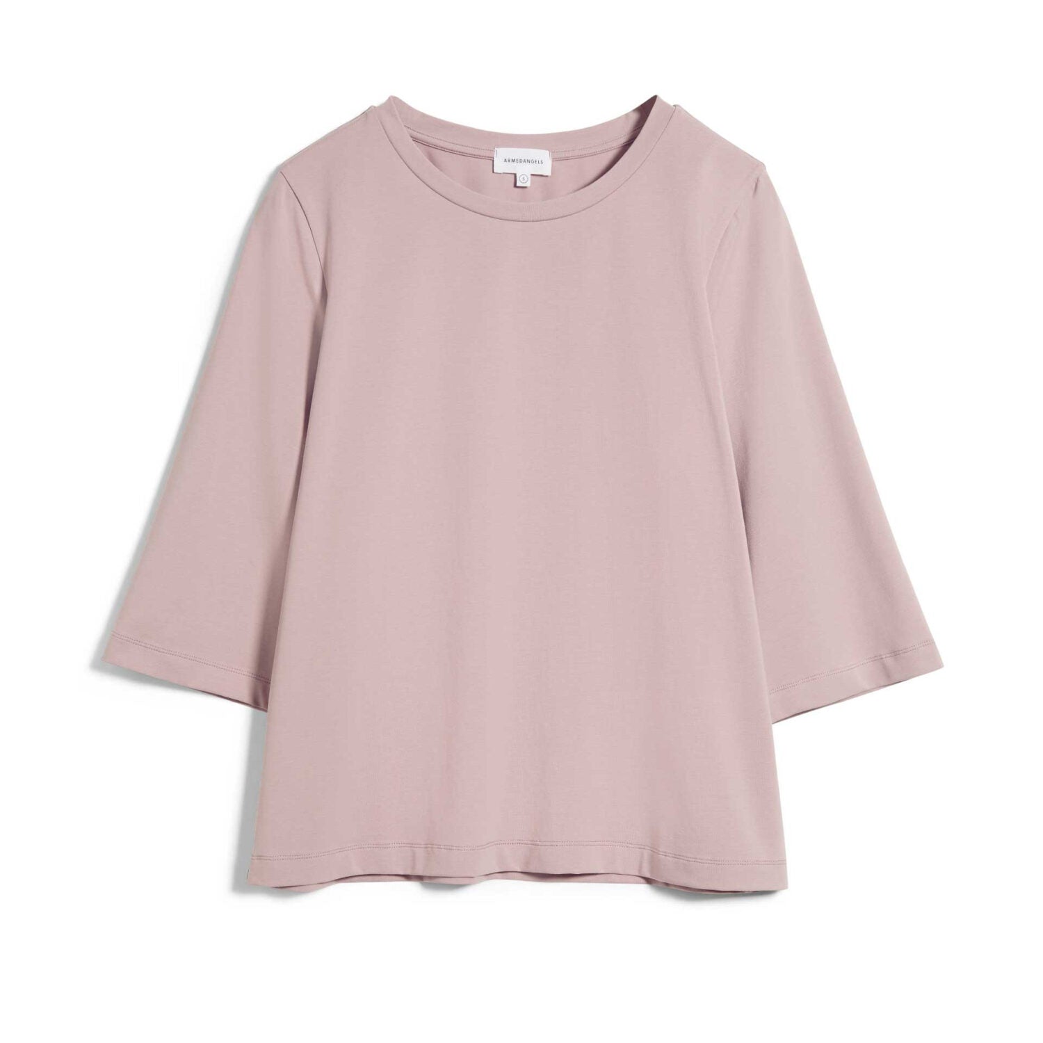 Alt-Text: Rosa T-Shirt mit 3/4-Ärmeln und Rundhalsausschnitt.