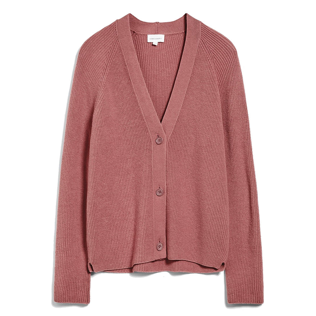 Alt-Text: Rosa Strickjacke mit langen Ärmeln und V-Ausschnitt, vorne mit drei Knöpfen verschlossen.