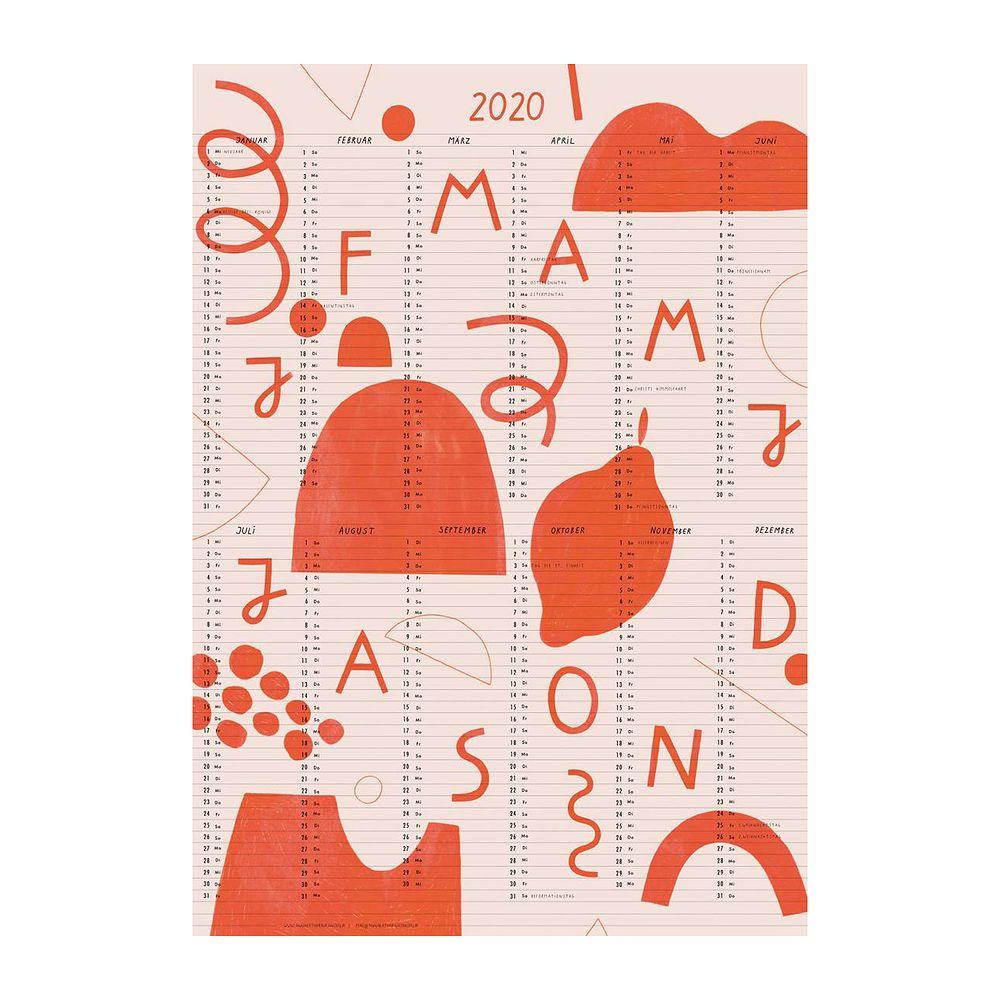 Kalender 2020 mit handgezeichneten, roten Formen und Buchstaben auf beigem Hintergrund.