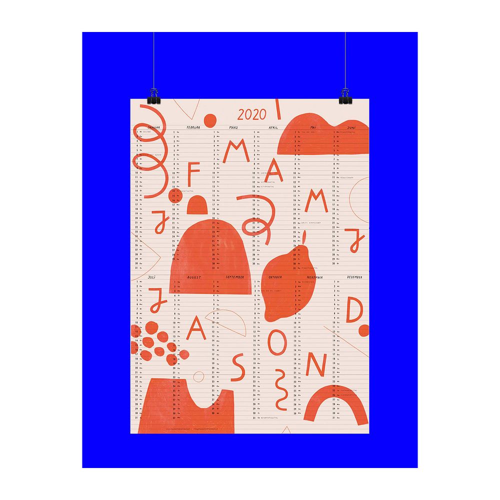 Illustrativer Kalender für 2020 mit roten Formen und Buchstaben auf hellem Hintergrund, gerahmt in Blau.