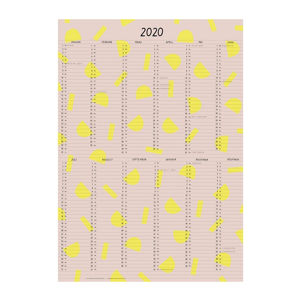 Kalender für das Jahr 2020 mit gelben geometrischen Formen auf einem rosa Hintergrund.