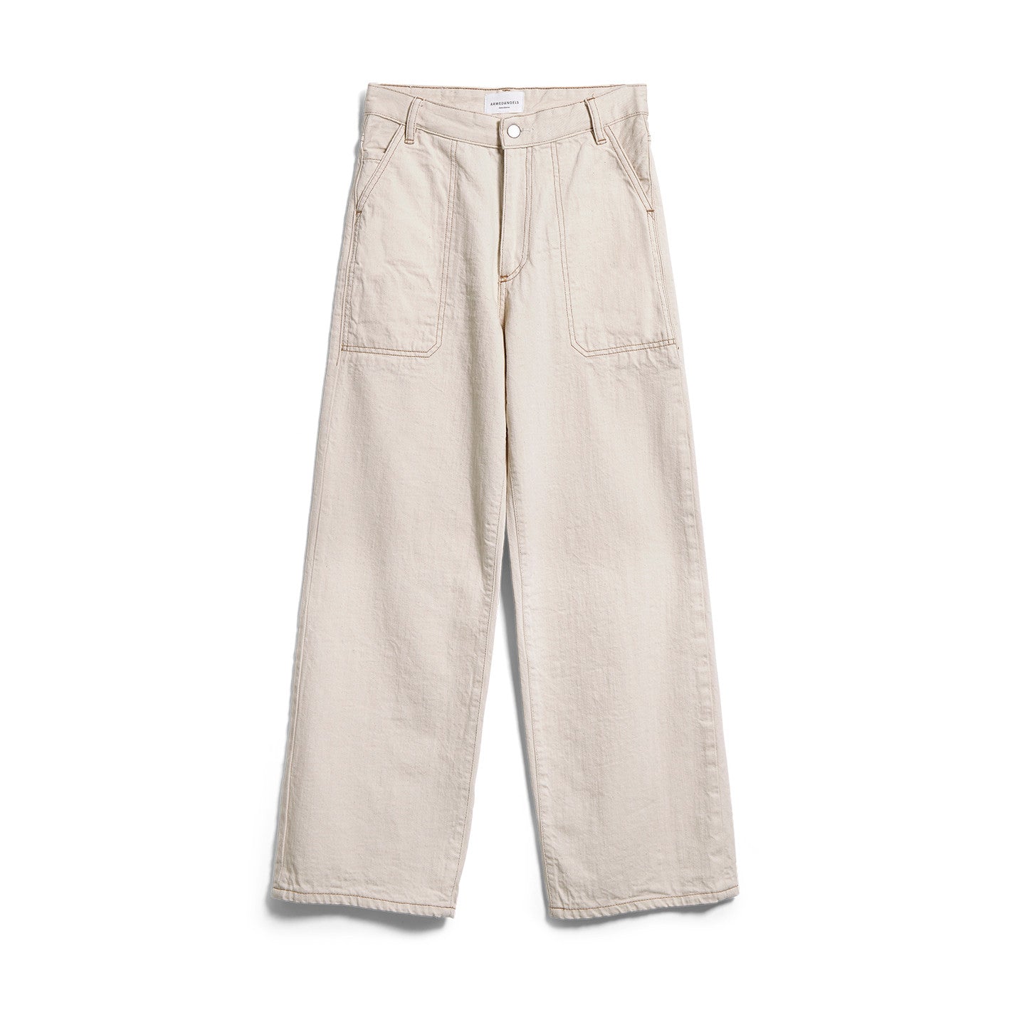 Beige, weite Hose mit großen Taschen, fotografiert auf weißem Hintergrund.