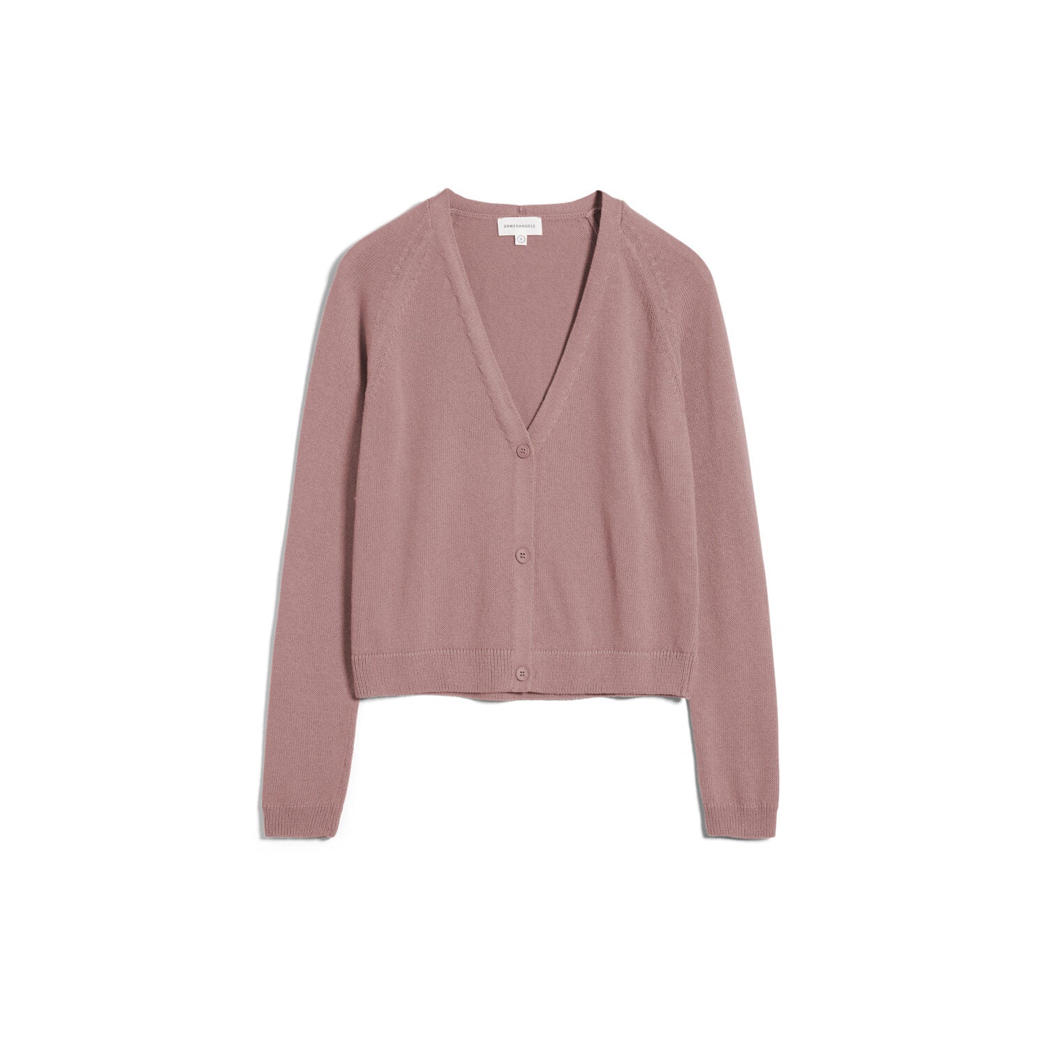 Rosa Strickjacke mit V-Ausschnitt und Knopfleiste.