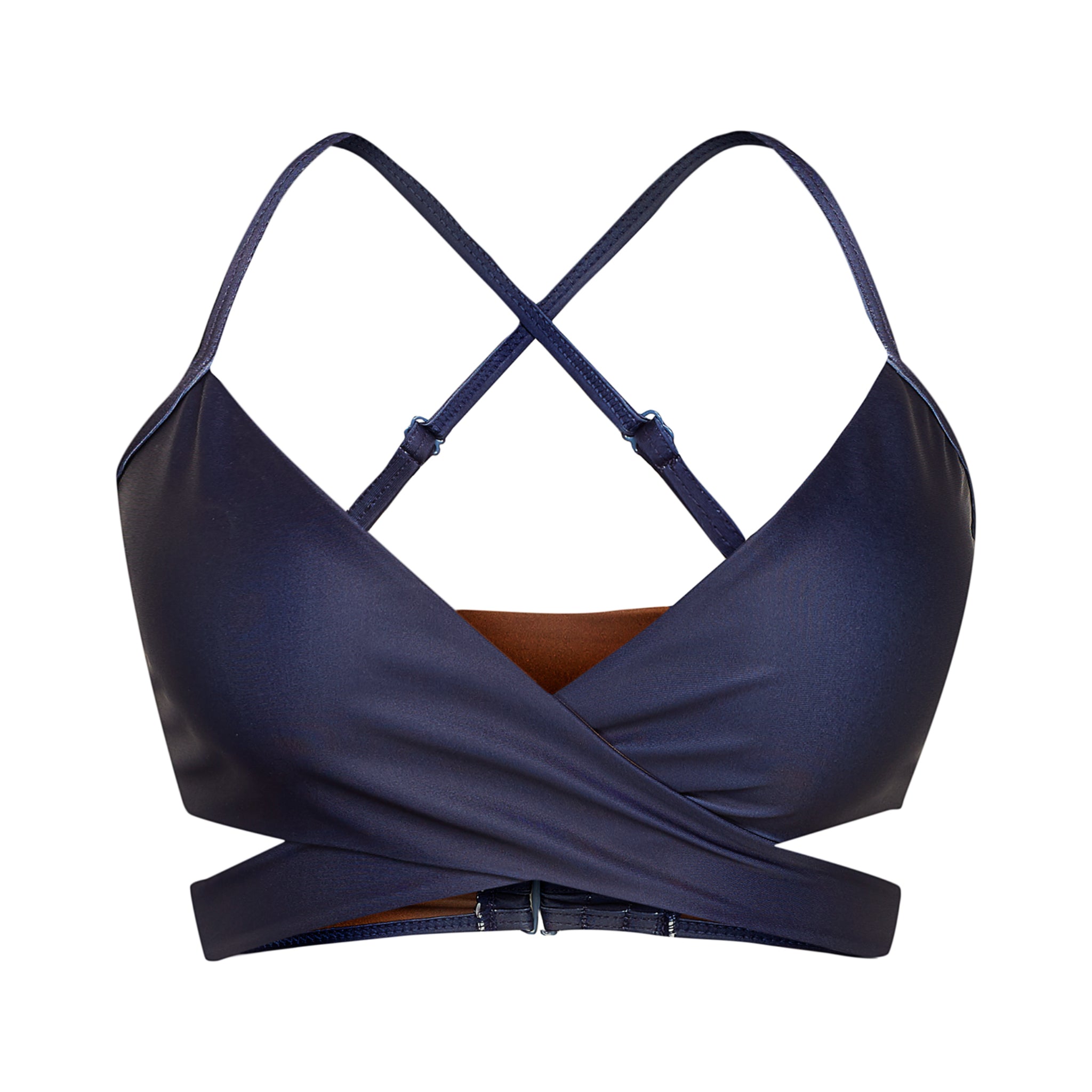 Dunkelblauer Wickelbikini-Oberteil mit gekreuzten Trägern und einem Schnallenverschluss.
