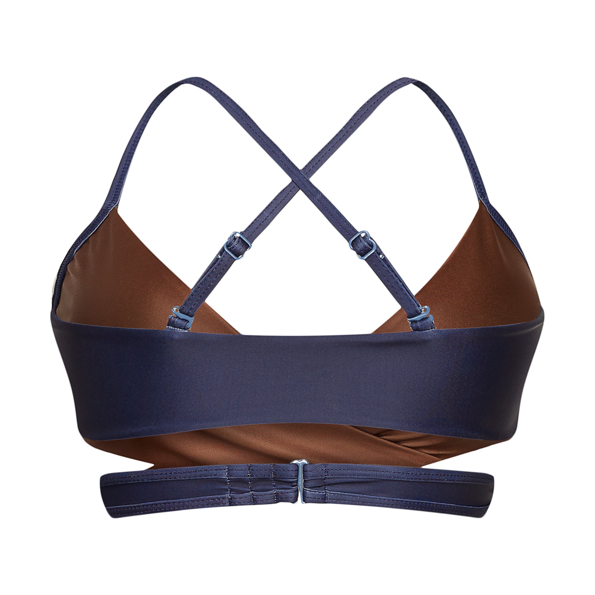 Rückansicht eines BHs mit überkreuzten blauen Trägern und einem braunen Einsatz.