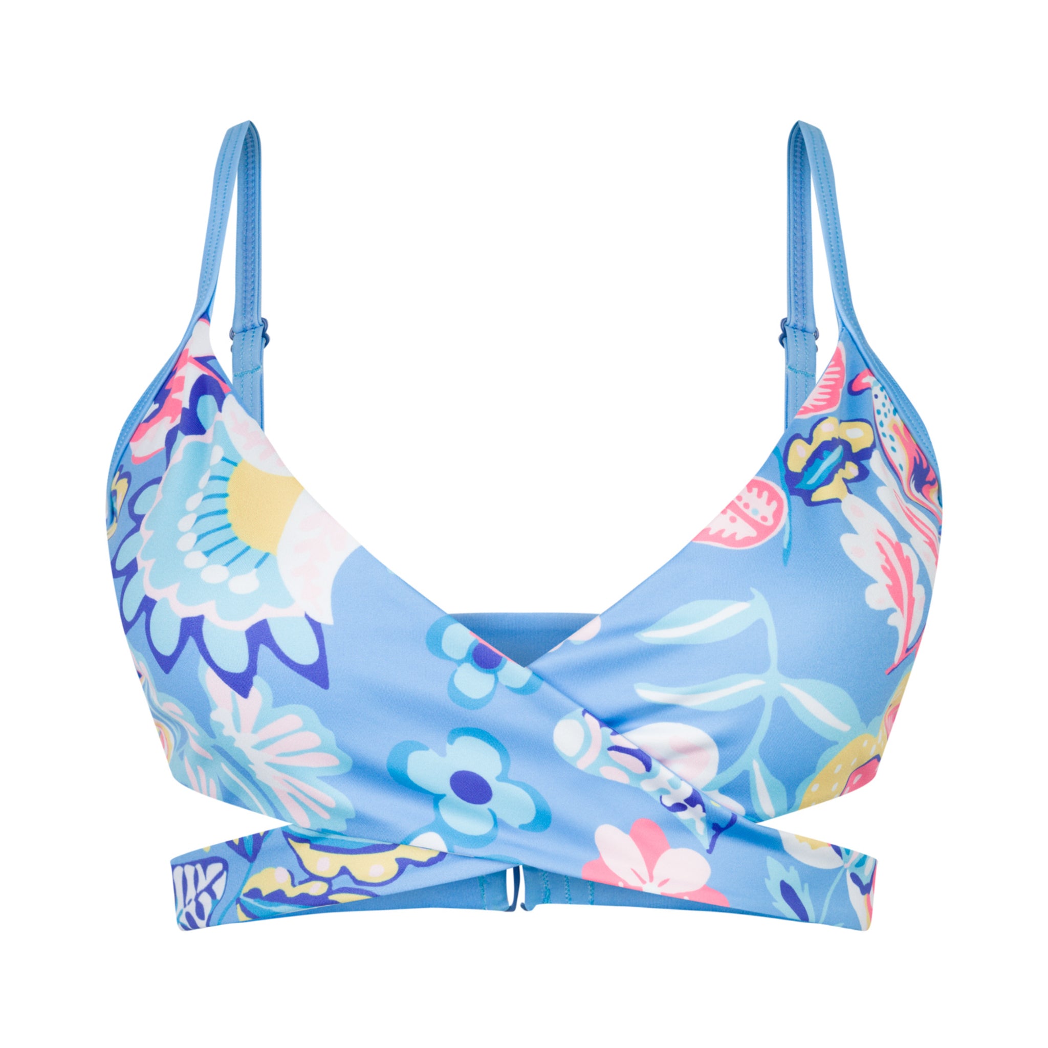 Blaues Bikini-Oberteil mit bunten floralen Mustern und dünnen Trägern.