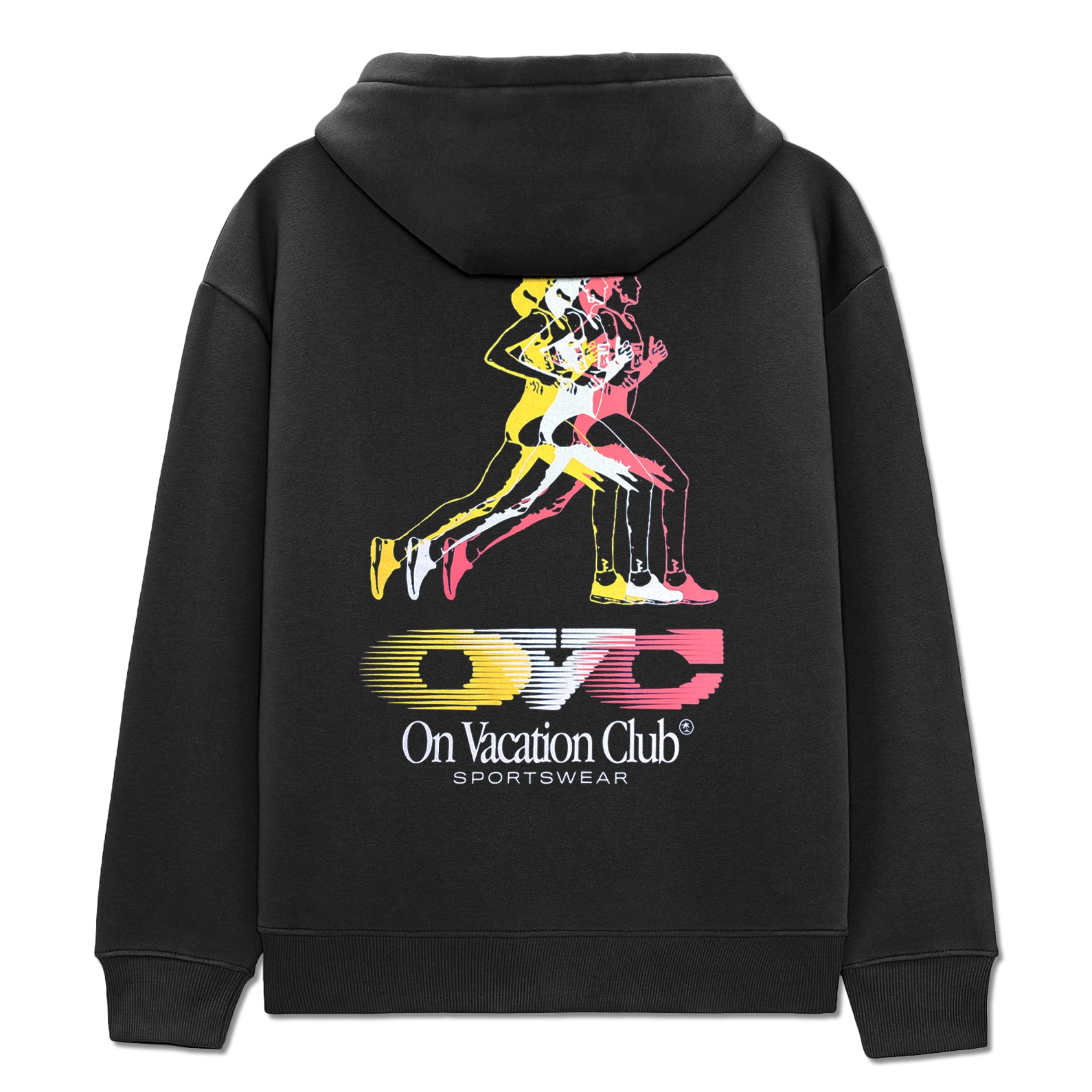 Schwarzer Hoodie mit bunten, überlagerten Läufer-Silhouetten und dem Schriftzug "On Vacation Club Sportswear" hinten.