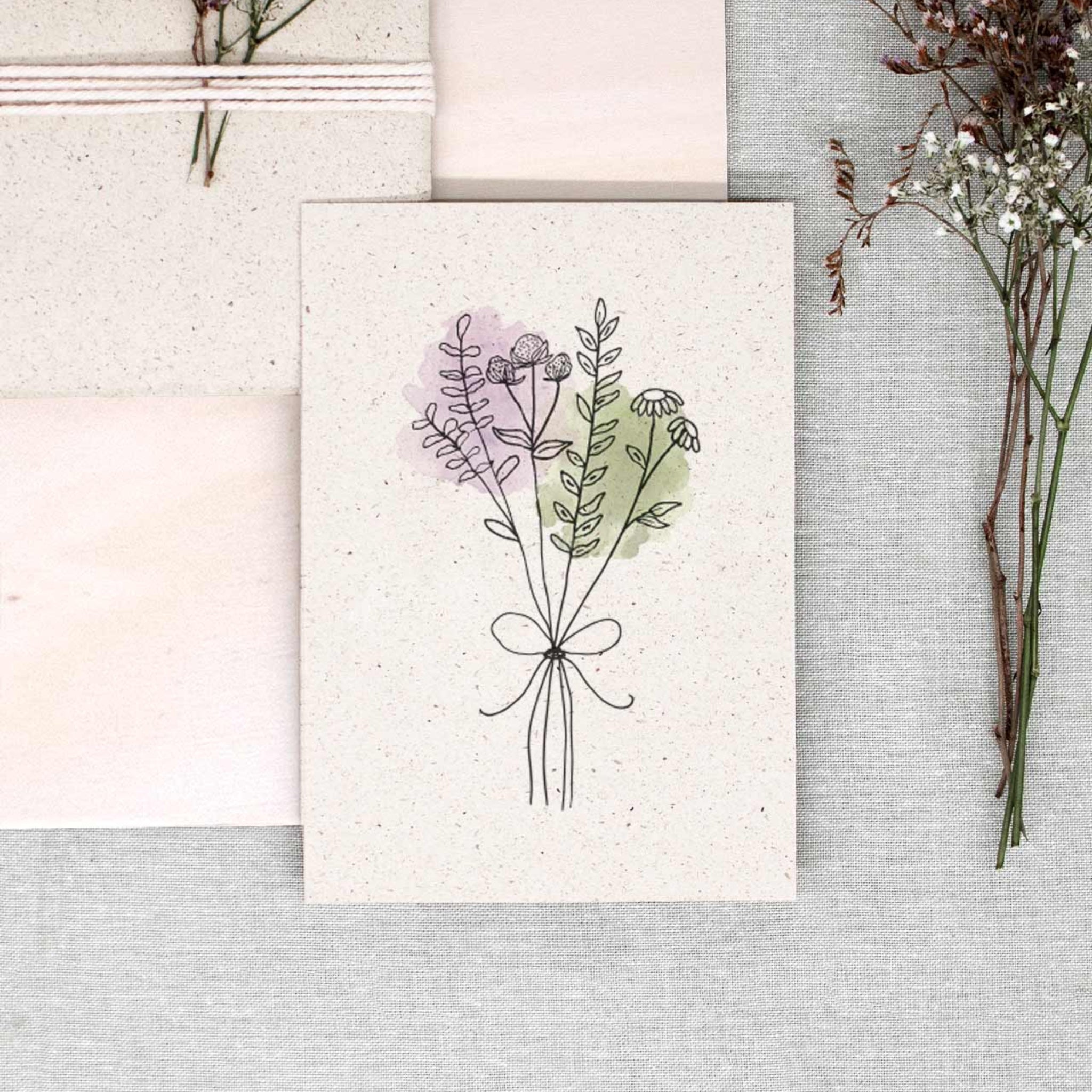 Creapaper Klappkarten aus Graspapier mit Umschlag Wildblumen rosa grün