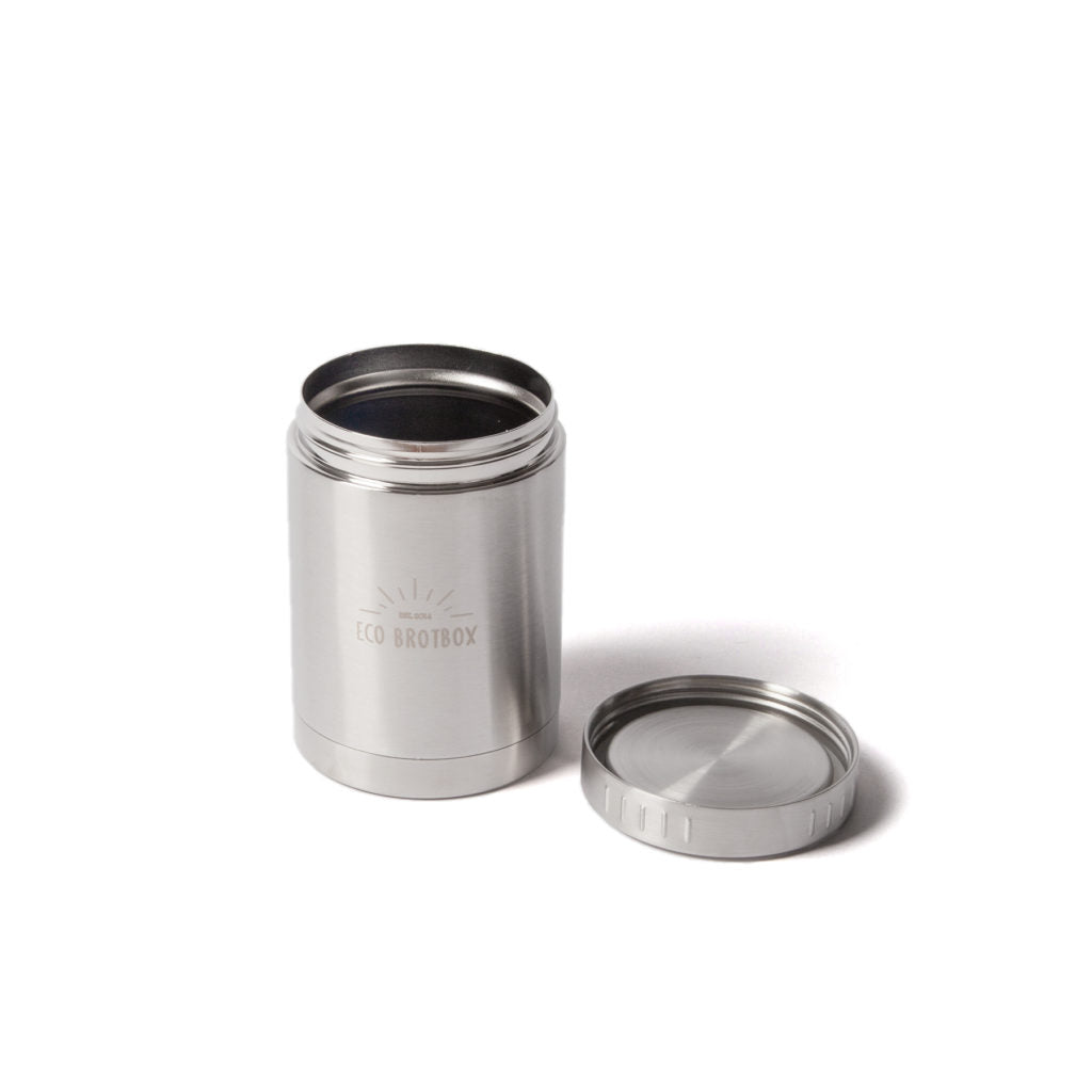 Silberner Edelstahlbehälter mit offenem Deckel und "Eco Brotbox"-Logo an der Seite, auf weißem Hintergrund.