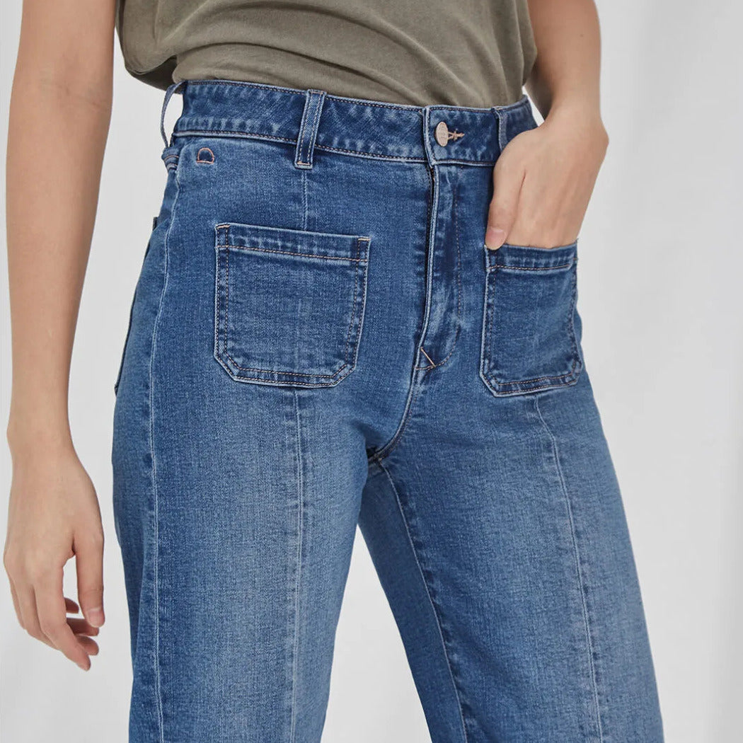 DAWN Denim "Art on broken pieces" DEW Flared Medium Blue