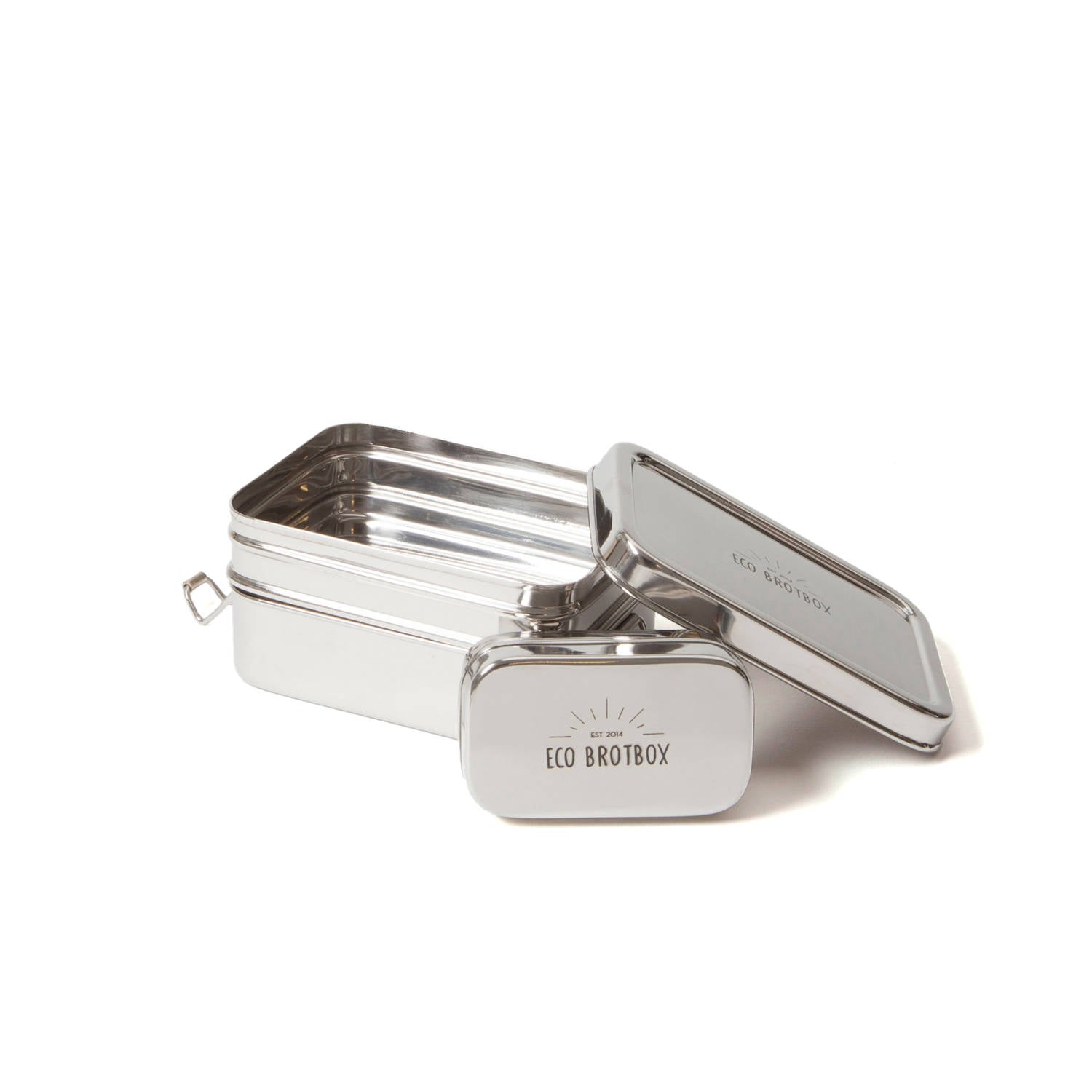 Zwei silberne Edelstahl-Brotdosen, eine geöffnet, die andere geschlossen, mit "ECO BROTBOX"-Aufschrift.