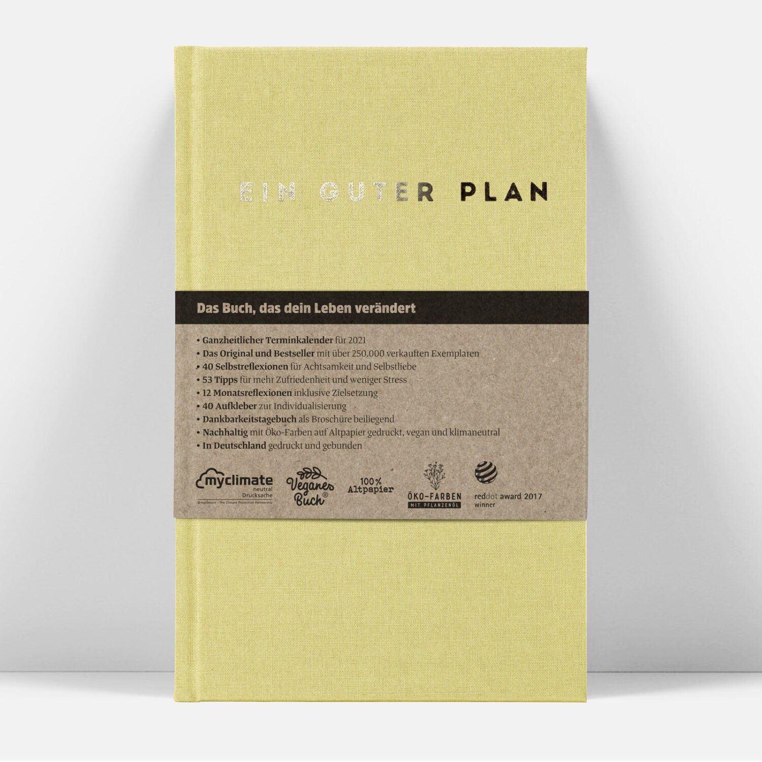 Gelbes Buchcover mit dem Titel "Ein Guter Plan", darunter Text zur Beschreibung des Buchinhalts und mehrere Logos.