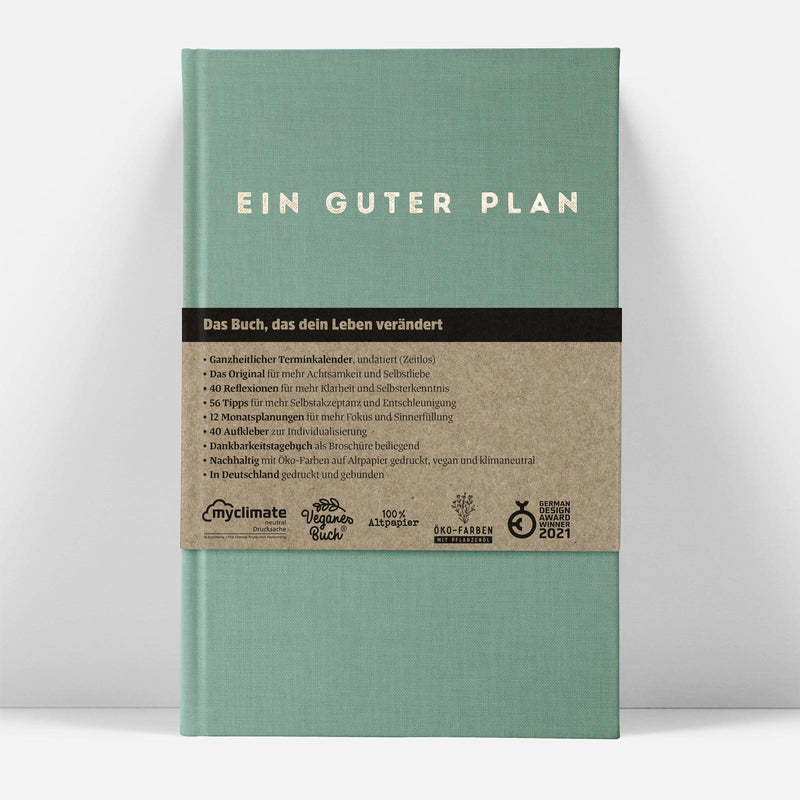Grünes Buch mit dem Titel "Ein Guter Plan" und einer Beschreibung über Achtsamkeit, Nachhaltigkeit und Selbstentdeckung.