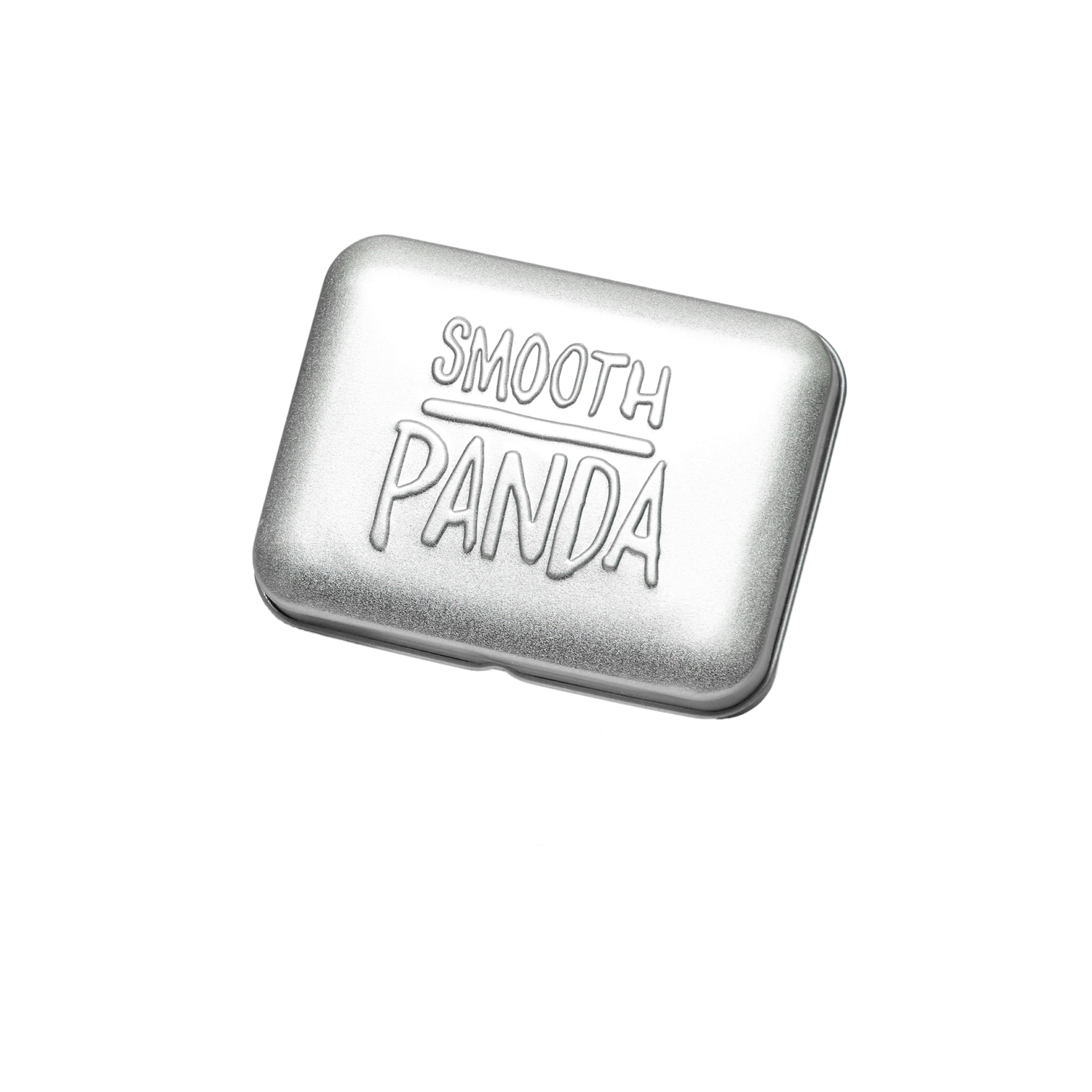 Rechteckige, silberne Metalldose mit der Aufschrift „Smooth Panda“.