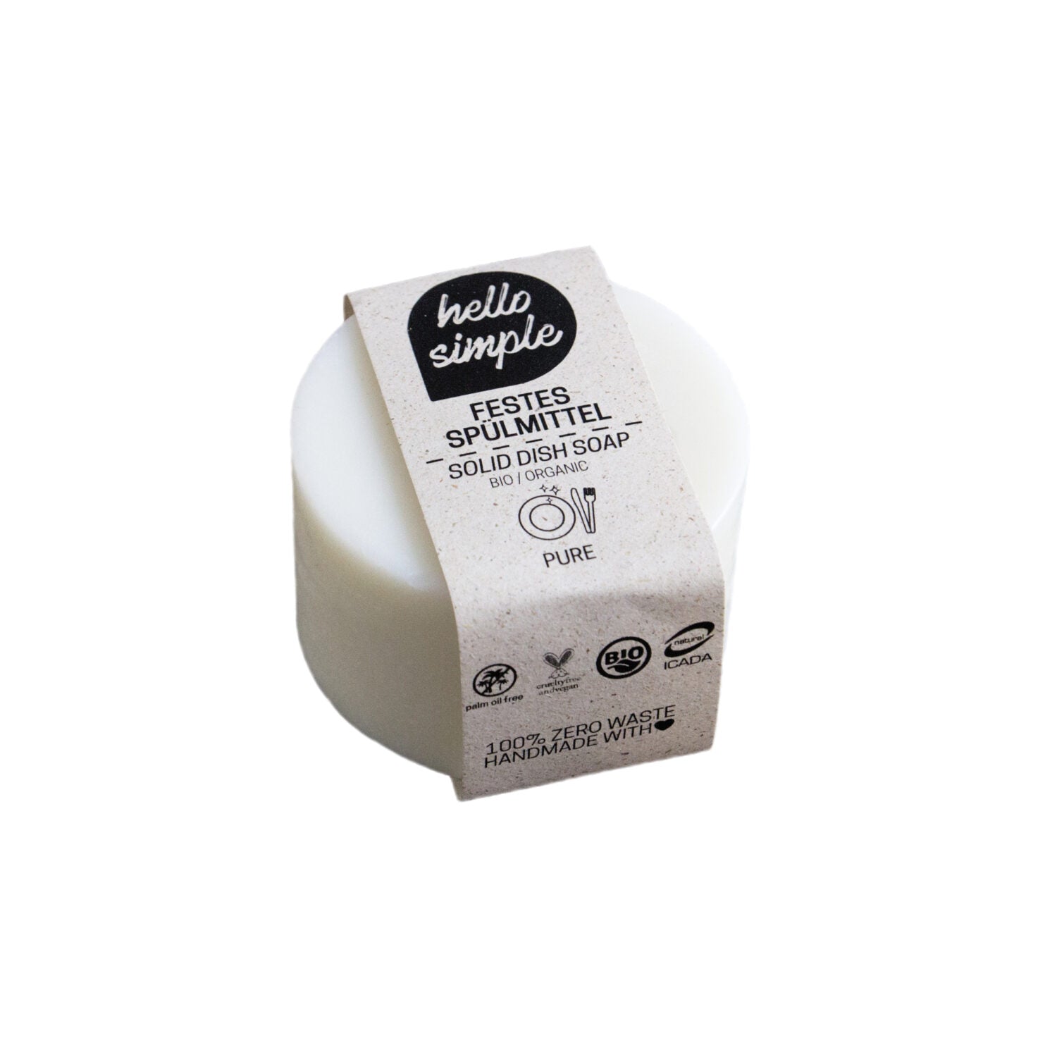 Runde, weiße, feste Spülseife mit ökologischer Verpackung von "hello simple", enthält diverse Bio- und Zero-Waste-Symbole.