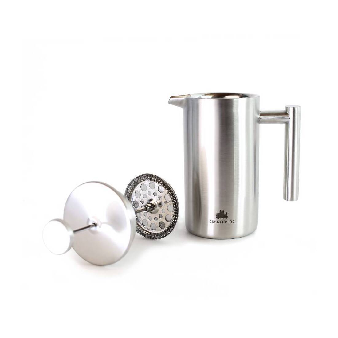 Edelstahl-Kaffeepresse mit herausgenommenem Sieb und Deckel, präsentiert auf weißem Hintergrund.