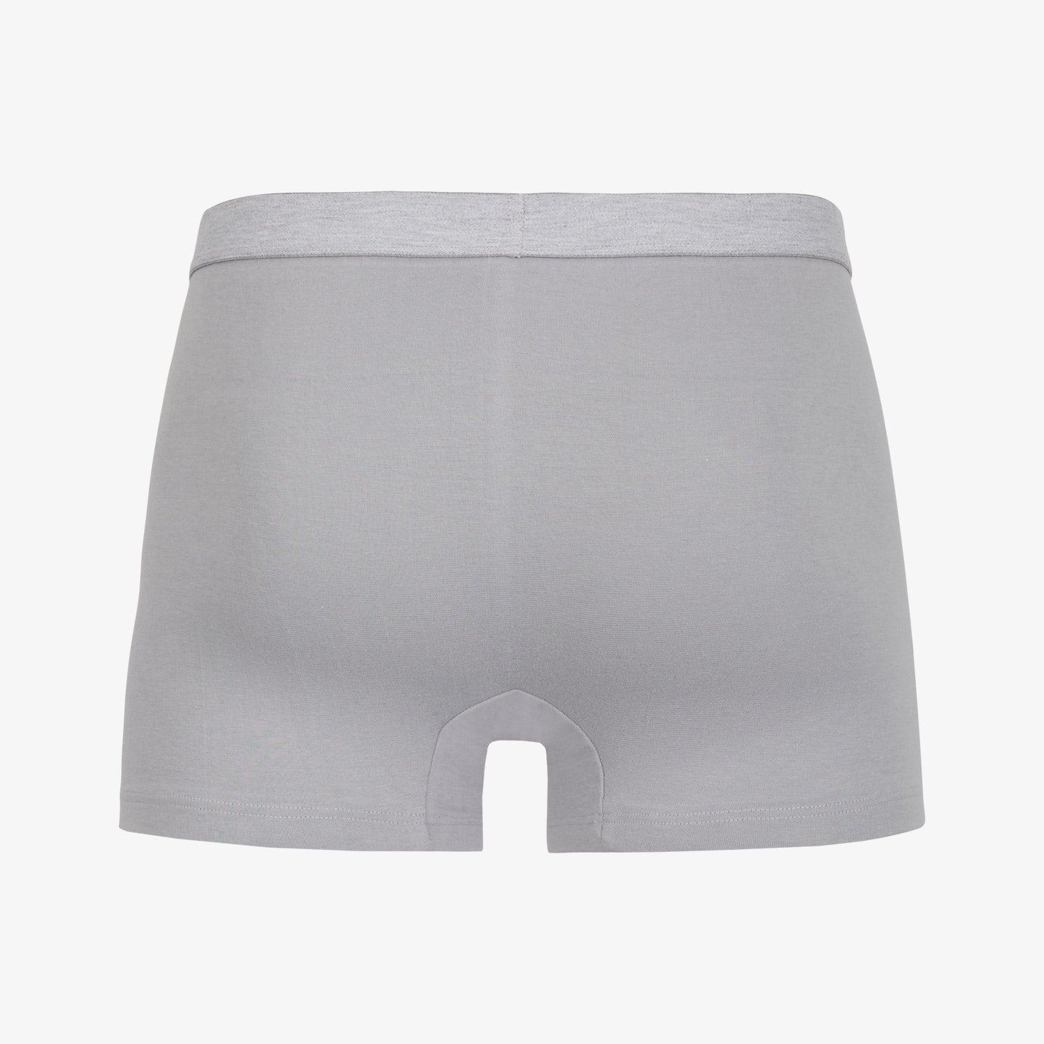 Graue Boxershorts aus Baumwollstoff, Rückansicht, mit elastischem Bund und kurzen Beinen.