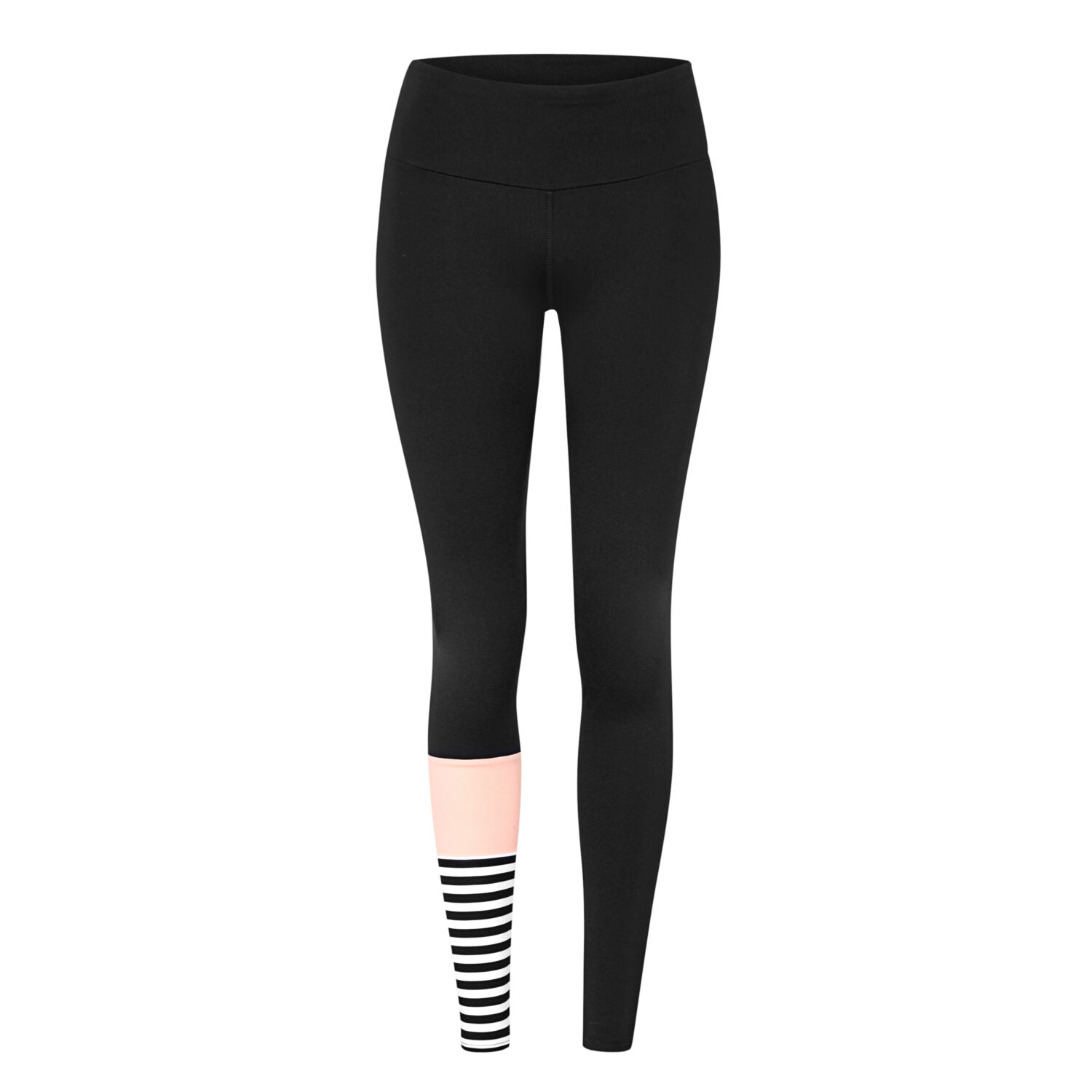 Schwarze Leggings mit einem rosa Streifen und einem schwarz-weißen gestreiften Muster am unteren Teil des rechten Beins.