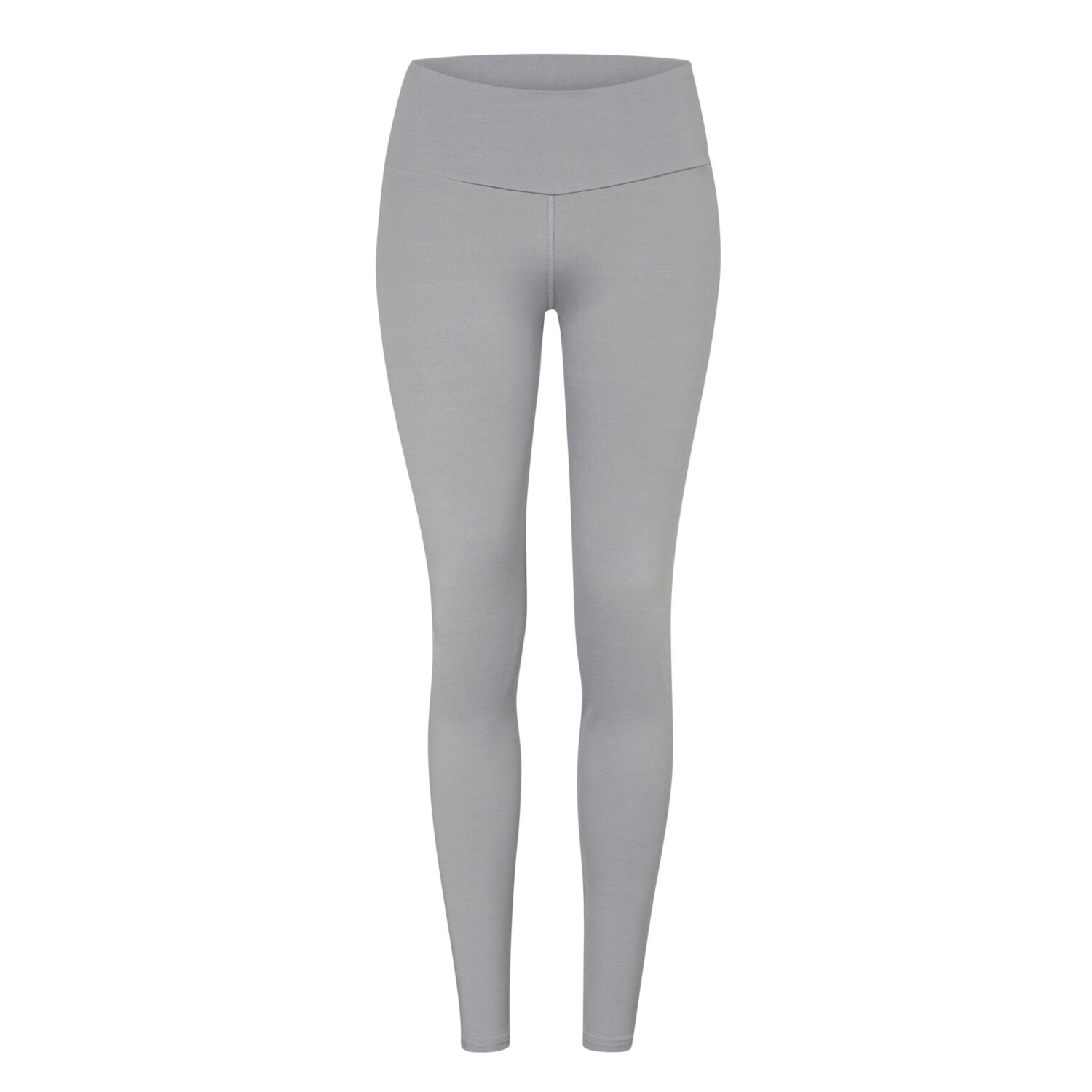 Graue Leggings mit hohem Bund, auf einem weißen Hintergrund präsentiert.