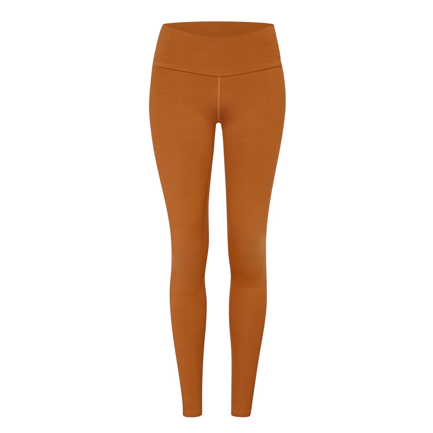Orange Leggings mit hohem Bund auf weißem Hintergrund.