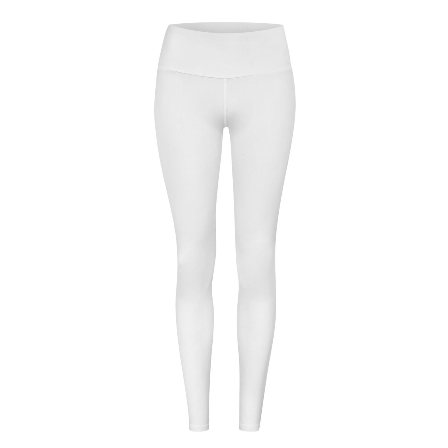 Weiße Leggings mit hohem Bund, frontal fotografiert gegen einen weißen Hintergrund.
