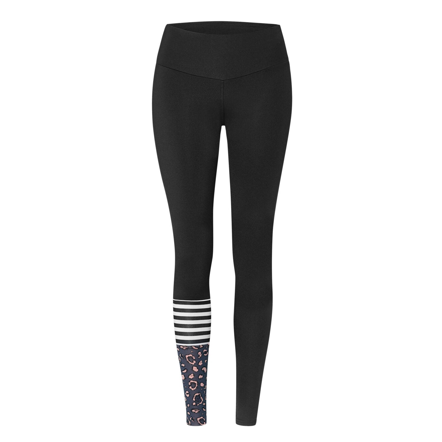 Schwarze Leggings mit gestreiftem und leopardenmusterndem Design am rechten Bein.