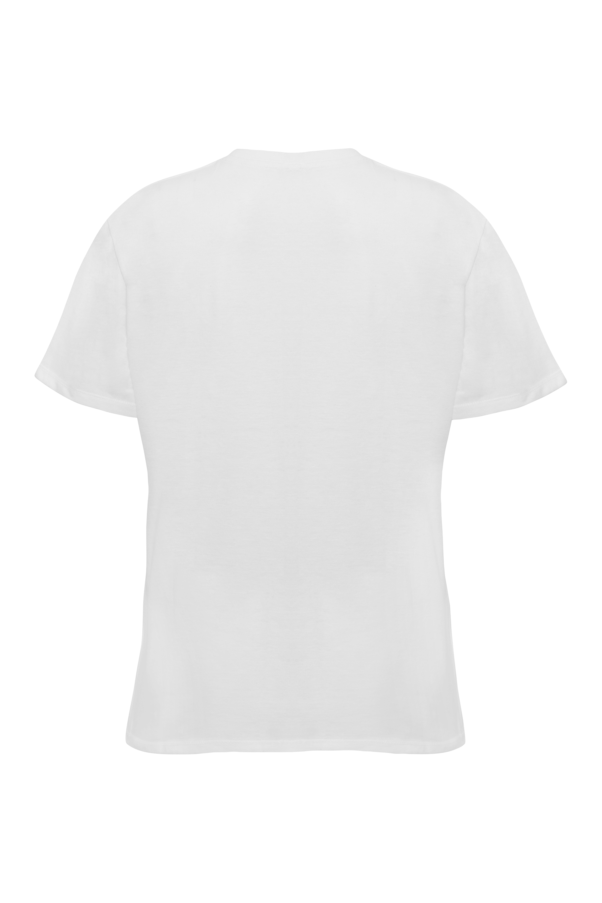 Rückseite eines weißen T-Shirts vor schwarzem Hintergrund.