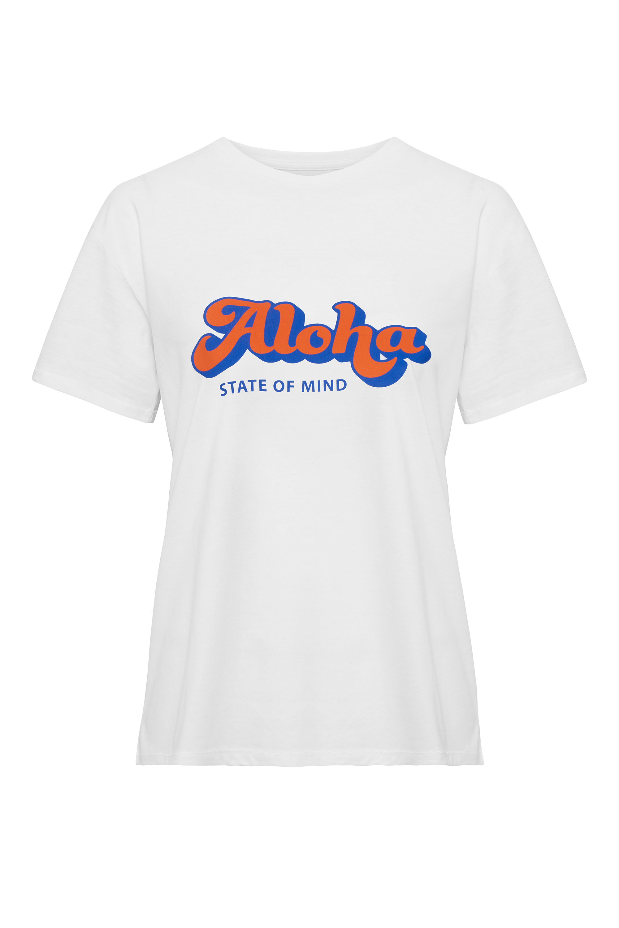Weißes T-Shirt mit der Aufschrift "Aloha State of Mind" in blauer und orangefarbener Schrift.