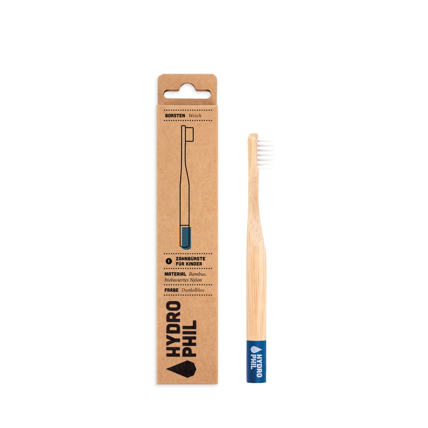 Bambuszahnbürste für Kinder mit Verpackung, dunkelblaue Details, aus Bambus und biobasiertem Nylon, Marke Hydrophil.