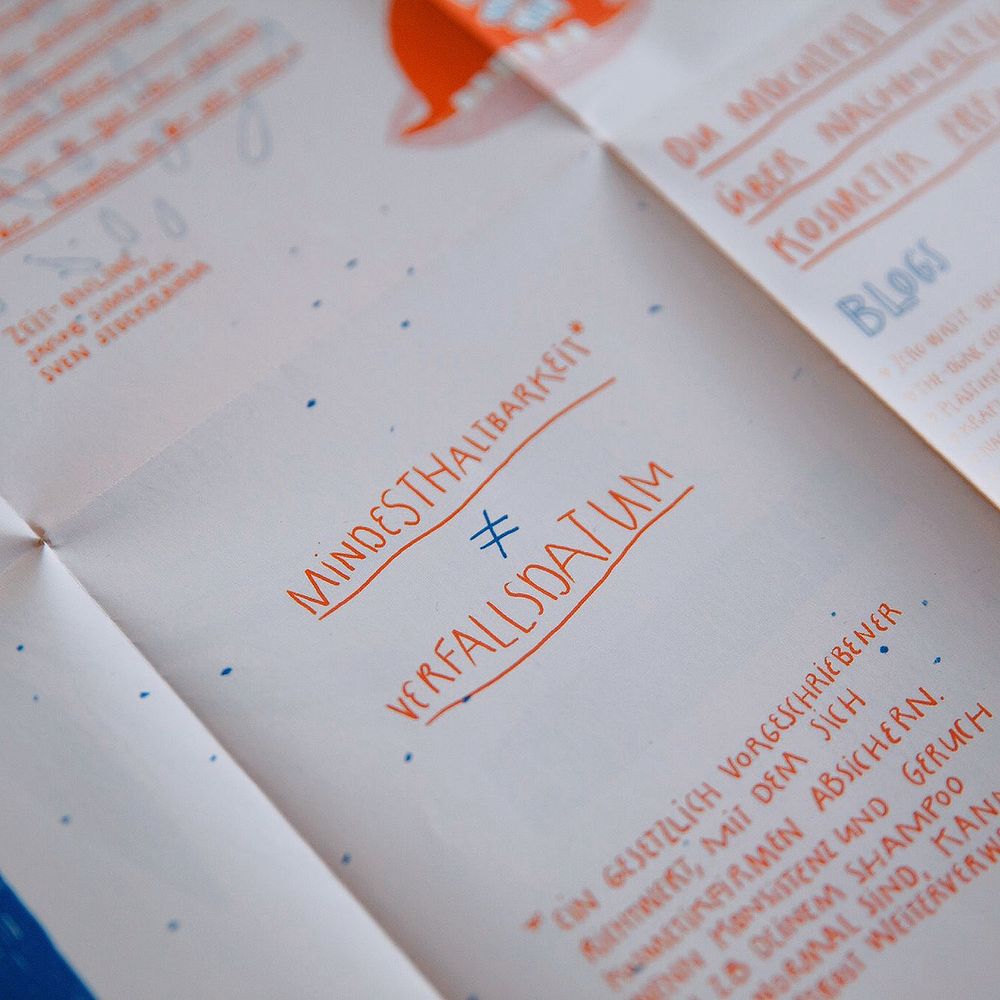 Ein Text auf Papier besagt in handschriftlicher Schrift: "Mindesthaltbarkeit ≠ Verfallsdatum".