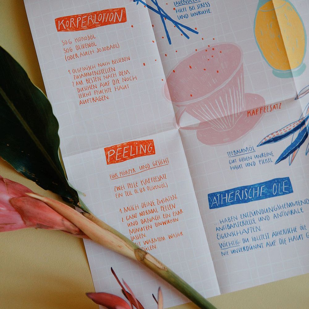 Gefaltetes Blatt mit handgeschriebenen Rezepten für Körperpflege, umgeben von Blumen auf einem Tisch.