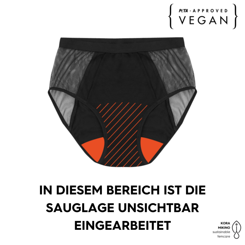 Schwarze Periodenhose mit transparenten seitlichen Einsätzen, vegan zertifiziert; Text betont unsichtbare Sauglage.