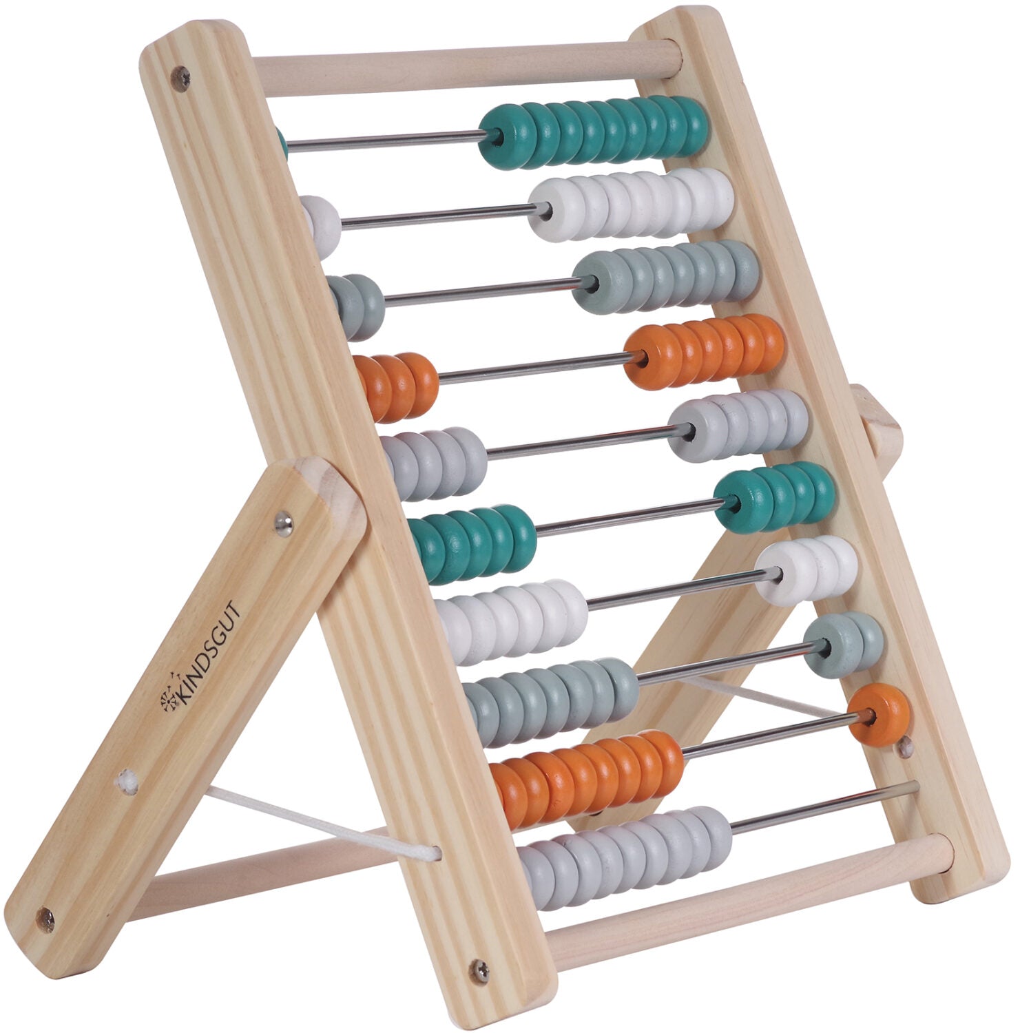 Holzabacus mit bunten Perlen in verschiedenen Reihen, gestützt auf einer klappbaren Holzhalterung.