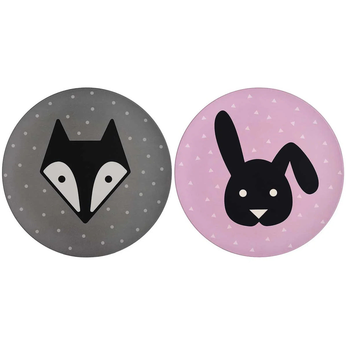 Zwei runde Untersetzer mit Tiermotiven: ein Fuchs auf grauem Hintergrund und ein Hase auf rosa Hintergrund.