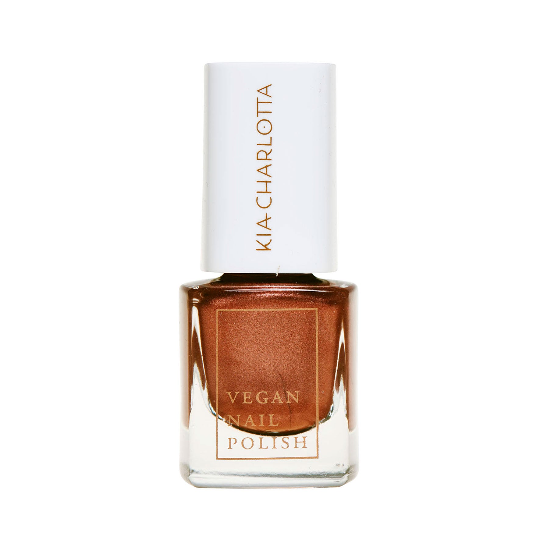 Flasche mit veganem Nagellack in Kupferfarbe, Marke "Kia-Charlotta", mit weißem Deckel.