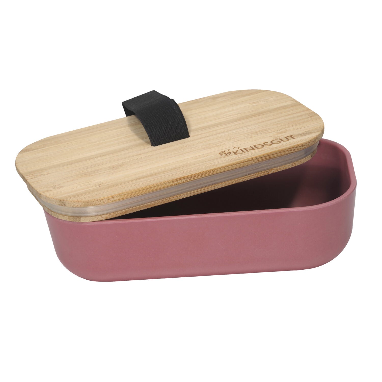 Rosa Brotdose mit offenem, hölzernem Deckel und schwarzem Band auf weißem Hintergrund.