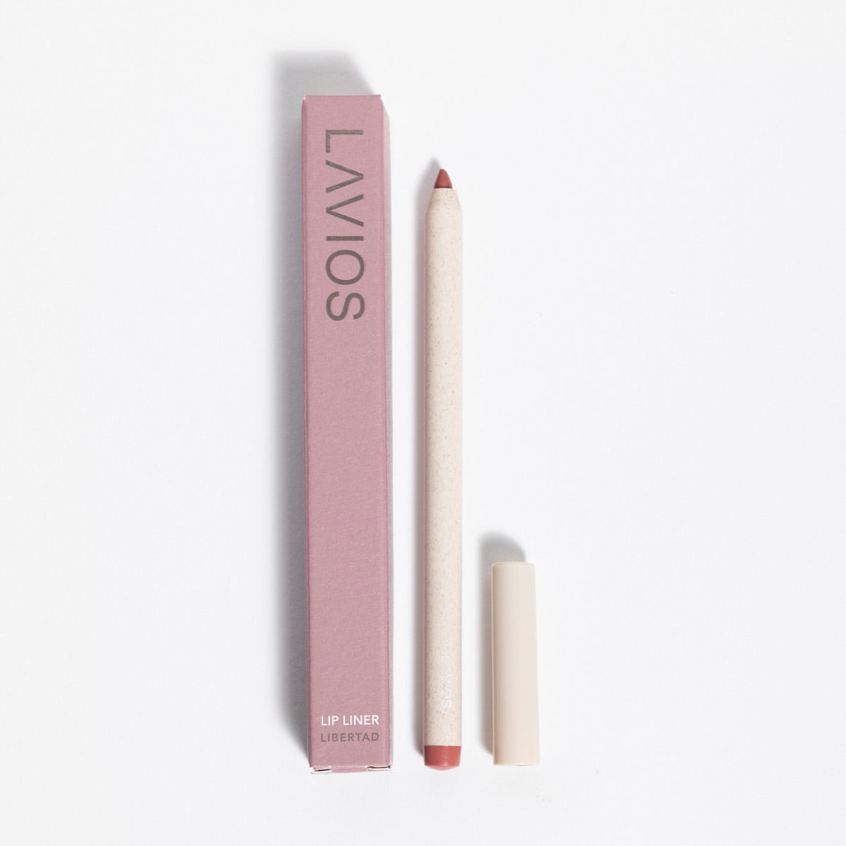 Lipliner mit beige-rotem Stift und passender Schachtel in rosa, vertikal angeordnet auf weißem Hintergrund.