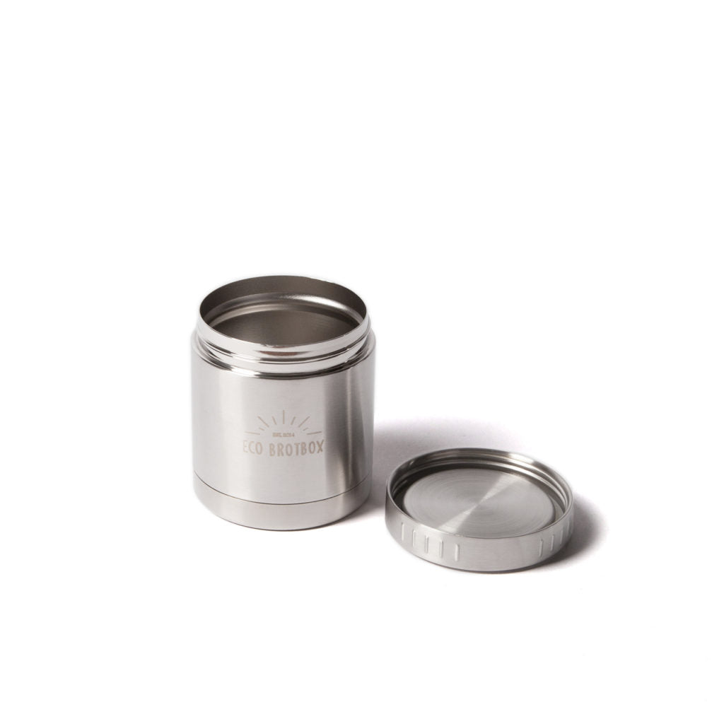 Edelstahl-Thermobehälter mit abgenommenem Deckel auf weißem Hintergrund, mit "ECO Brotbox"-Aufschrift auf der Seite.