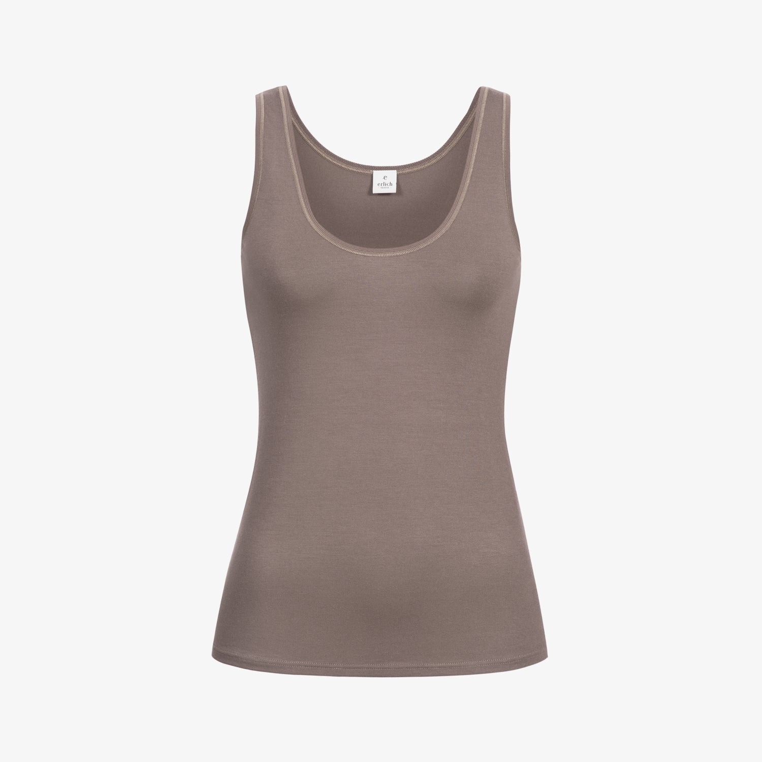 Damen Tanktop in Beige mit Rundhalsausschnitt auf weißem Hintergrund.