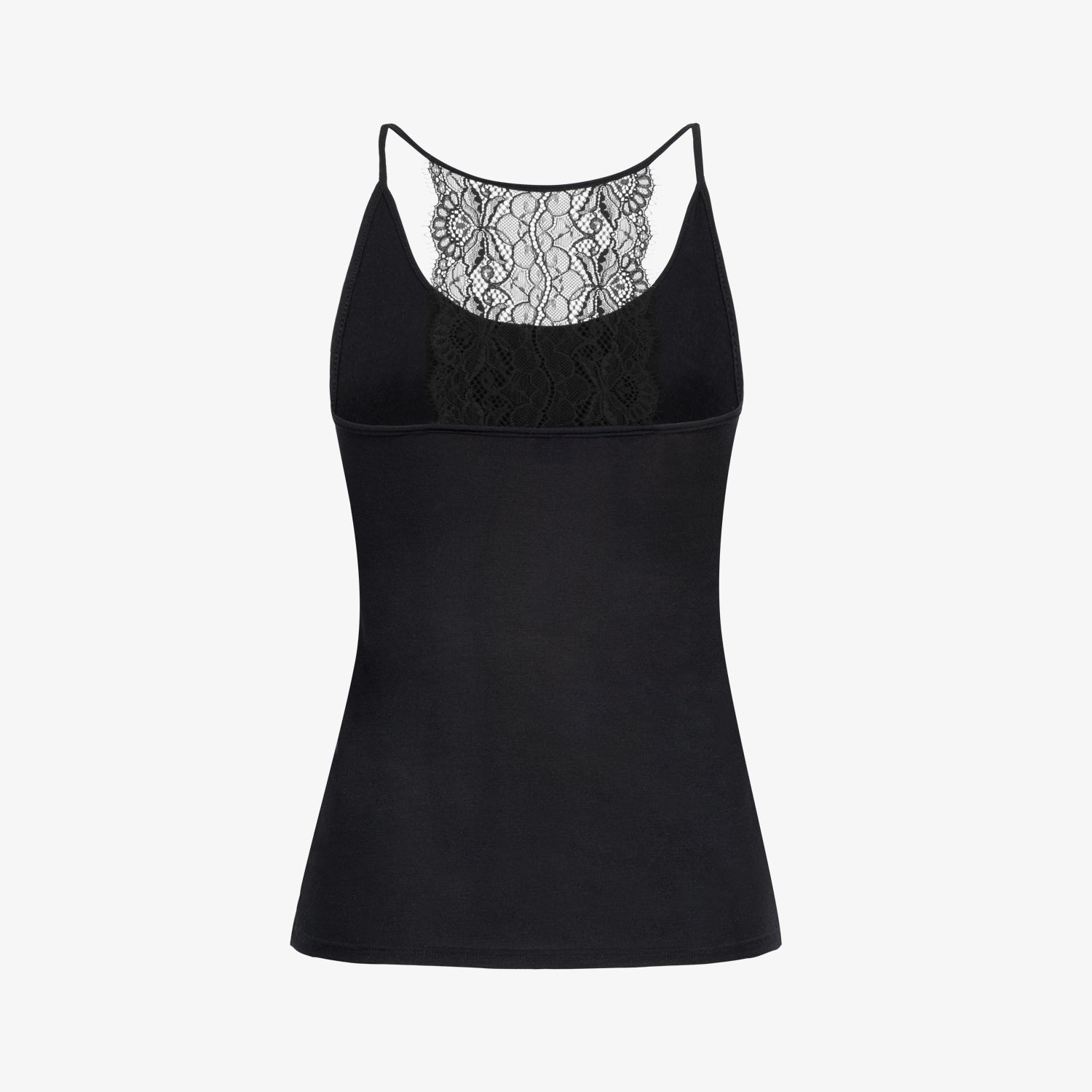 Schwarzes Damen-Top mit Spitzeneinsatz am Dekolleté und schmalen Trägern, auf weißem Hintergrund abgebildet.