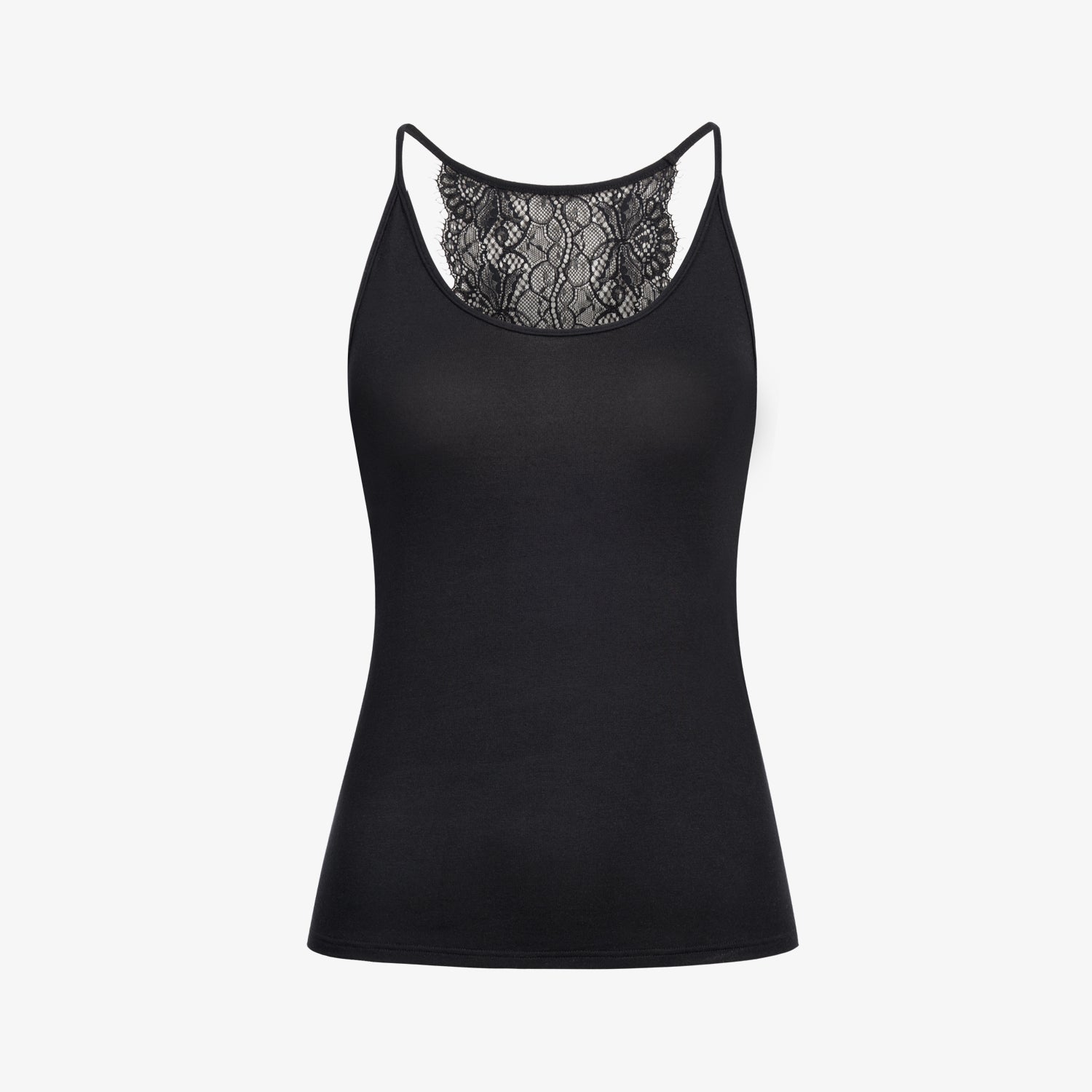 Schwarzes Trägershirt mit Spitzenrücken auf weißem Hintergrund.